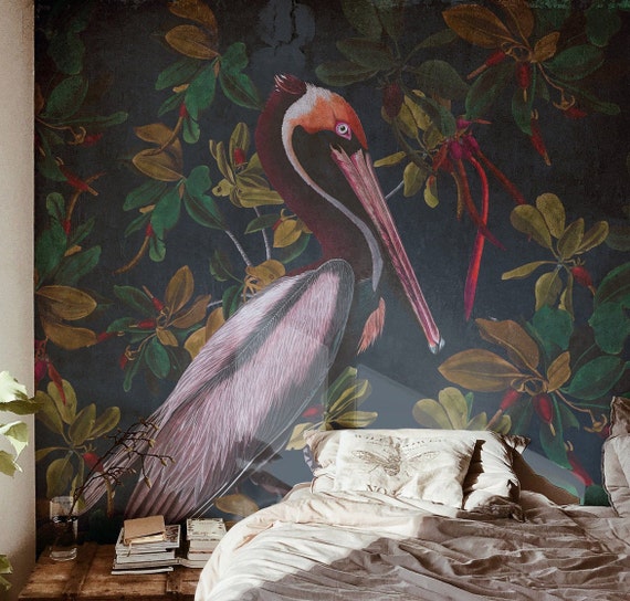 Pelican at Night Botanical Wallpaper Leaves and Big Birds - Etsy