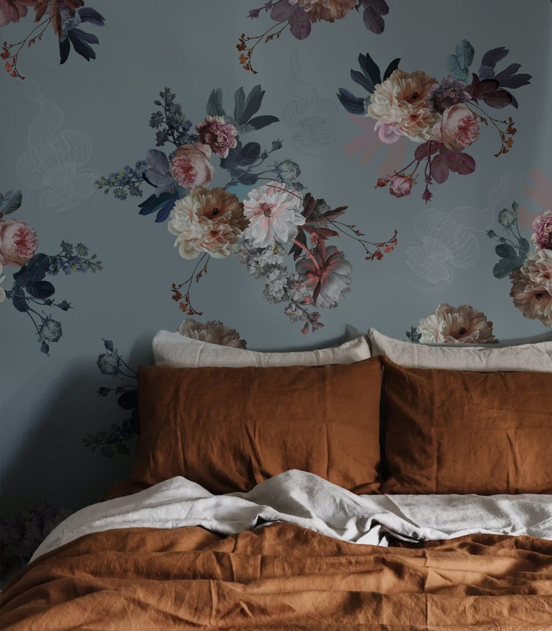 Floral Wallpaper, Blush Garden, Blue Wall Decor, Jellyfish, Light Dutch ...