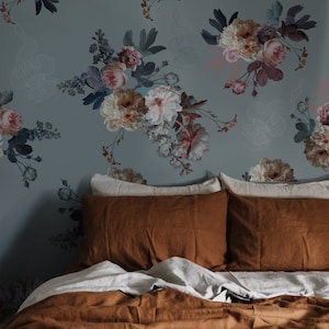 floral wallpaper, blush garden, blue wall decor, jellyfish, light dutch flowers, wall mural, peel&stick, non-woven, bedroom decor || #F19