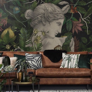 Venus wallpaper, statue, tropical garden, leaves and flowers, peel & stick, floral mural, dark wall decor || #F12