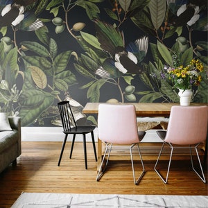 removable vintage wallpaper, blue bird and leaves pattern, dark background, unique graphics, botanical, room decor, wall mural V18 image 2