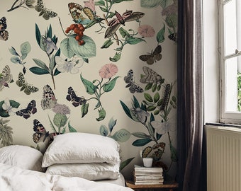 Botanical wallpaper, butterfly garden, beige background, floral and plants, peel & stick wall mural || #F6