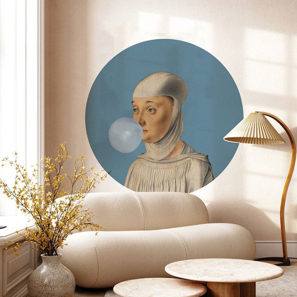 Woman with bubble gum circle sticker, blue backgroung, vintage portrait, geometric wall decor, reproduction, decal