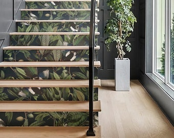 Botanical Stair Riser Decals: Blue Bird & Leaves, Peel and Stick