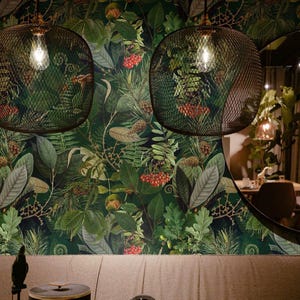 botanical wallpaper, forest life wall mural, plants, green background, forest leaf, peel and stick or vinyl room decor #B21 FOREST RICHES