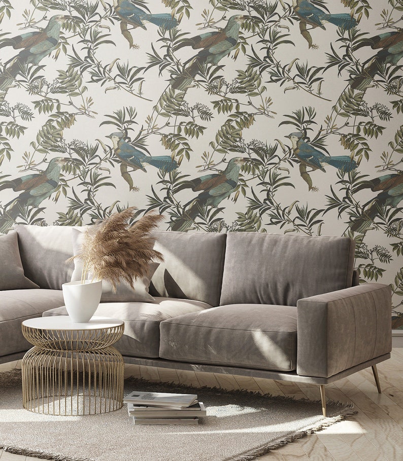 Vintage Removable Wallpaper Birds on a Creamy Background Etsy
