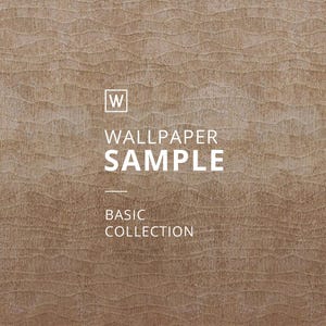 May include: A close-up of a brown textured wallpaper sample with the text "WALLPAPER SAMPLE BASIC COLLECTION" and a white square with the letter "W" in the upper left corner.