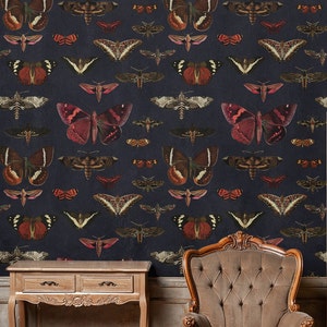 vintage wallpaper, removable, self-adhesive, butterflies pattern on navy blue, unique graphics, botanical room decor || #V2