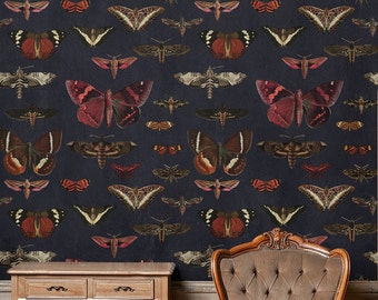 Butterfly Removable Wallpaper: Navy Blue Botanical Decor #V2