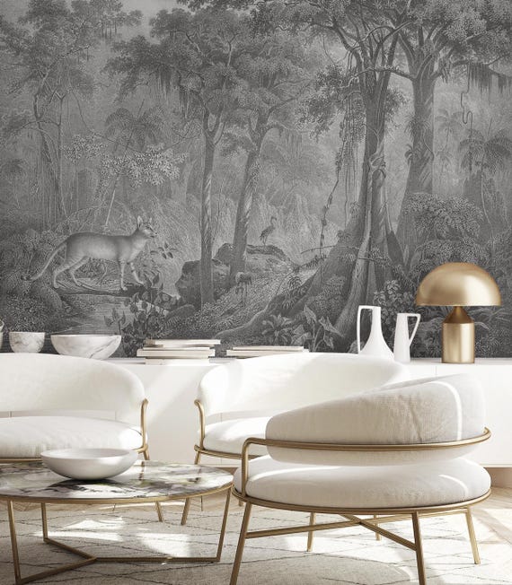 Vintage Jungle Cat Wallpaper: Retro Landscape Mural #L3