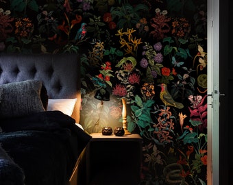 Secret Garden Wallpaper: Botanical Snakes, Birds, Plants, Removable Wall Mural #B9