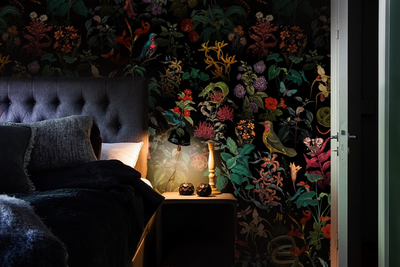 botanical wallpaper secret garden color, snakes and birds, plants, removable or vinyl wall murals #B9 GARDEN OMBRE 