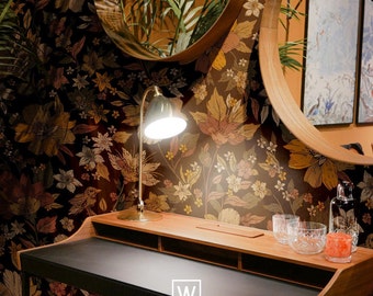 Retro Floral Wallpaper: Dark Vintage Peel & Stick Wall Art #F9
