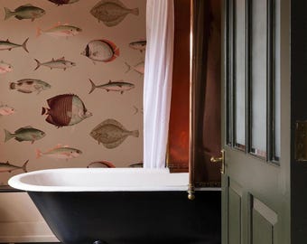 Vintage Fish Wallpaper: Light Pink Peel and Stick Wall Decor #V36