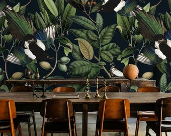 papier peint amovible vintage, motif oiseau bleu et feuilles, fond sombre, graphismes uniques, botanique, décoration de chambre, papier peint mural || #V18