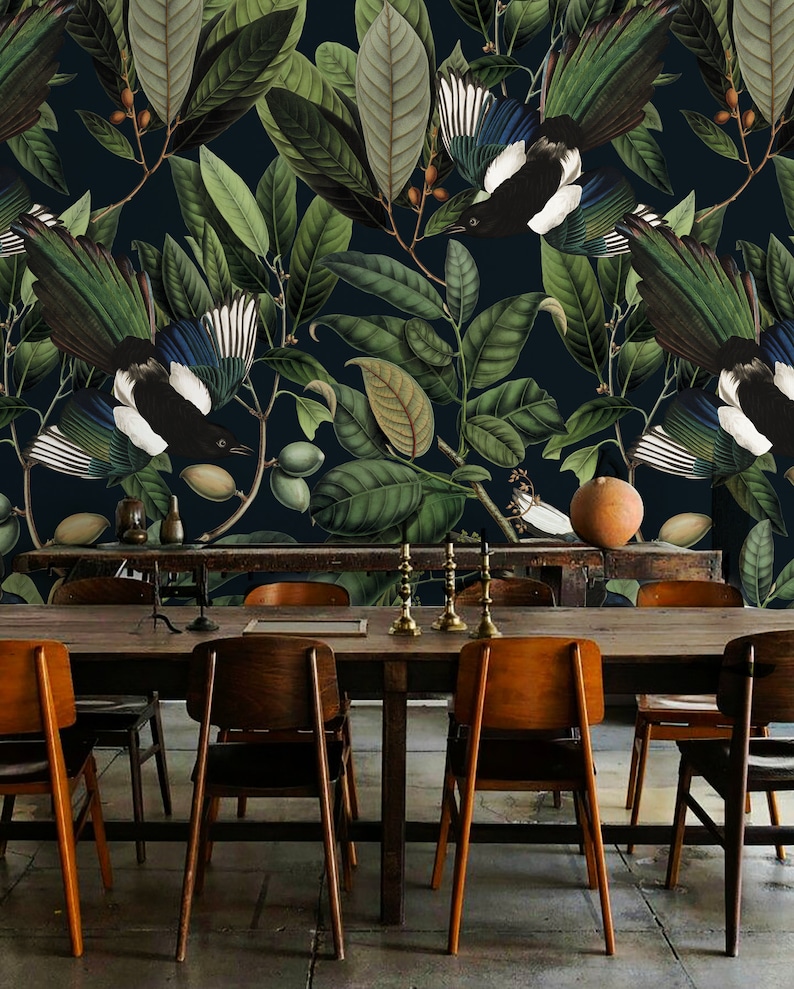 removable vintage wallpaper, blue bird and leaves pattern, dark background, unique graphics, botanical, room decor, wall mural || #V18 