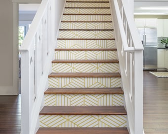 Geometric Stair Riser Decals: Golden Cubes Pattern, Peel & Stick