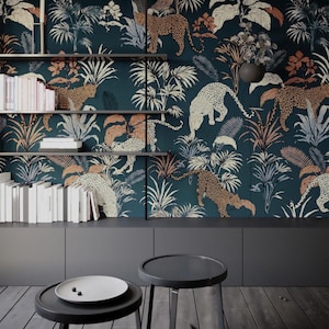 Peel&Stick Tropische Tapete - Dunkler Dschungel und Gepard, Abnehmbare Schwarze Tapete, Wohnzimmer Wandbild || #T31