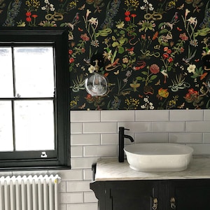 botanical wallpaper summer garden, little animals and flowers, plants, red flowers, removable or vinyl wall murals #B6 SECRET GARDEN