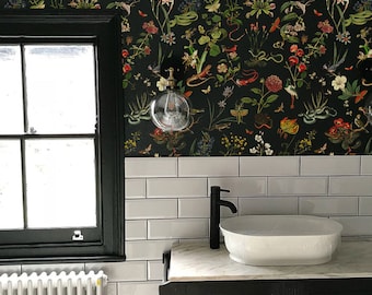 Botanical Wallpaper: Summer Garden Animals, Red Flowers, Removable Mural #B6