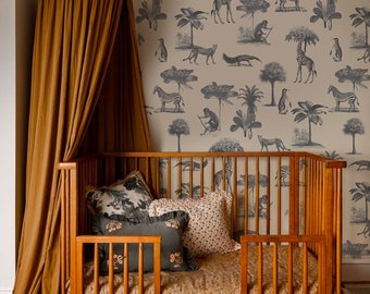 Kids Wallpaper - Vintage Beige Safari - Wild Animals Wall Mural - Peel&stick or Traditional - Nursery Decor - Jungle Theme || #K13