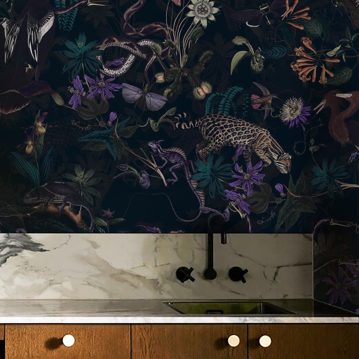tropical wallpaper jungle at night, cheetah and moth, violet plants, black background, removable or vinyl wall murals, bathroom decor || #T1