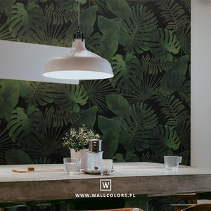 tropical wallpaper, pattern with dark green monstera, monstera leaf, removable wall decor, living room decor || #T12