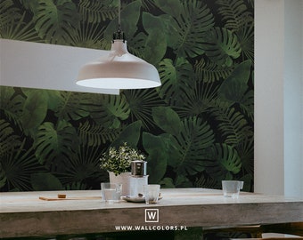 tropical wallpaper, pattern with dark green monstera, monstera leaf, removable wall decor, living room decor || #T12