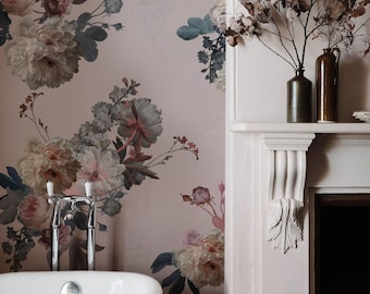floral wallpaper, blush garden pink, blue jellyfish, large wall mural, light dutch flowers, wall mural, bedroom decor || #F18
