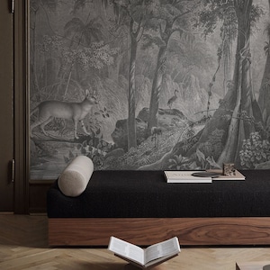 Carta da parati vintage con motivo giungla e gatto selvatico, decorazione retrò per la stanza, murale con paesaggio, decorazione per la camera da letto, arte murale vintage // #L3