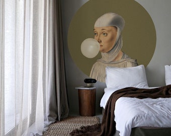 Sticker mural femme avec cercle de chewing-gum, fond olive, portrait vintage, décoration murale géométrique, reproduction, autocollant