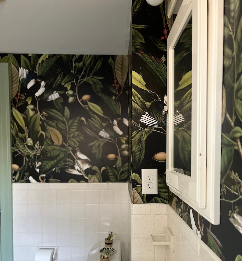 removable vintage wallpaper, blue bird and leaves pattern, dark background, unique graphics, botanical, room decor, wall mural V18 image 9