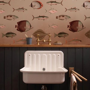 removable vintage wallpaper, fish pattern, light pink background, peel&stick, sea fish, unique graphics, room decor, kitchen || #V36