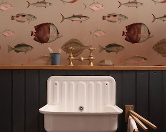 Vintage Fish Wallpaper: Light Pink Peel and Stick Wall Decor #V36