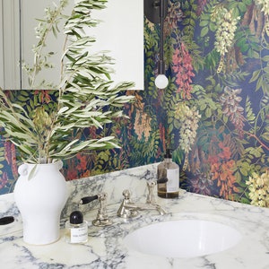 giardino di acacia, carta da parati botanica, fiori colorati, piante verdi, sfondo blu, decorazione murale rimovibile o in vinile #B19 ACACIA BLU