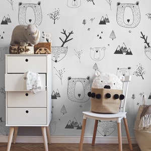 carta da parati per bambini, autoadesiva, orsi e cervi, sfondo bianco, rimovibile, murale, decorazione per cameretta // #K3