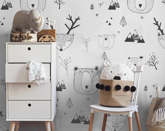 kids wallpaper, self adhesive, bears and deer, white background, removable, wall mural, kids room decor || #K3