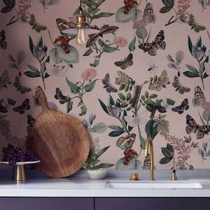 Carta da parati botanica, giardino di farfalle - decorazione da cucina, sfondo rosa, fiori e piante, murale staccabile e attaccabile // #F2