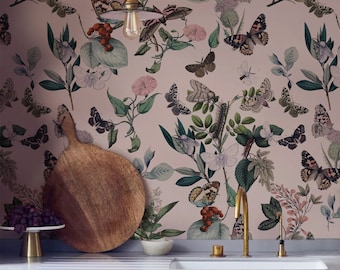 Botanical wallpaper, butterfly garden, pink background, floral and plants, peel & stick wall mural || #F2