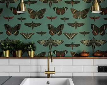 vintage wallpaper, moths and butterflies pattern, removable, self-adhesive or traditional, botanical room decor || #V9