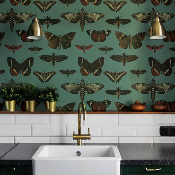 vintage wallpaper, moths and butterflies pattern, removable, self-adhesive or traditional, botanical room decor || #V9
