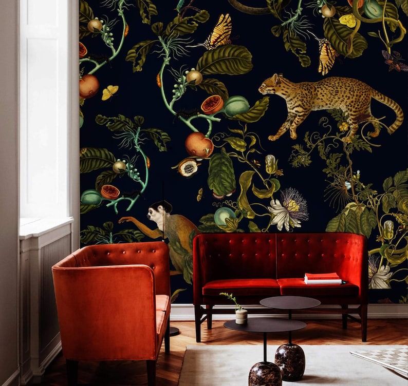 dark botanic wallpaper cheetahs and monkeys, secret garden, plants print, removable or vinyl wall murals B12 MAGIC FOREST image 5