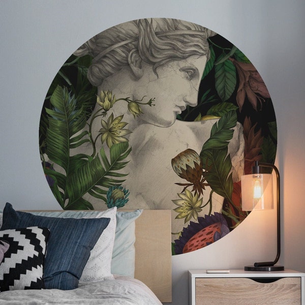 Sticker cercle Vénus, jardin tropical, feuilles et fleurs, statue, décoration murale géométrique, tissu fleuri, sticker amovible
