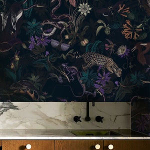 tropical wallpaper jungle at night, cheetah and moth, violet plants, black background, removable or vinyl wall murals #T1