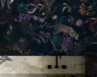 tropical wallpaper jungle at night, cheetah and moth, violet plants, black background, removable or vinyl wall murals #T1