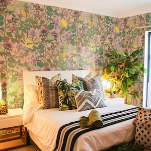 giardino di rose, carta da parati botanica, murales con fiori e pere, piante, decorazioni murali rimovibili o in vinile #B3 PINK ORCHARD
