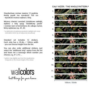 May include: A black and green floral wallpaper pattern with pink flowers and leaves. The pattern is divided into 12 strips, each measuring 39.4 inches by 100 centimeters. The text "CAŁY WZ&Oacute;R / THE WHOLE PATTERN *" is at the top of the image.