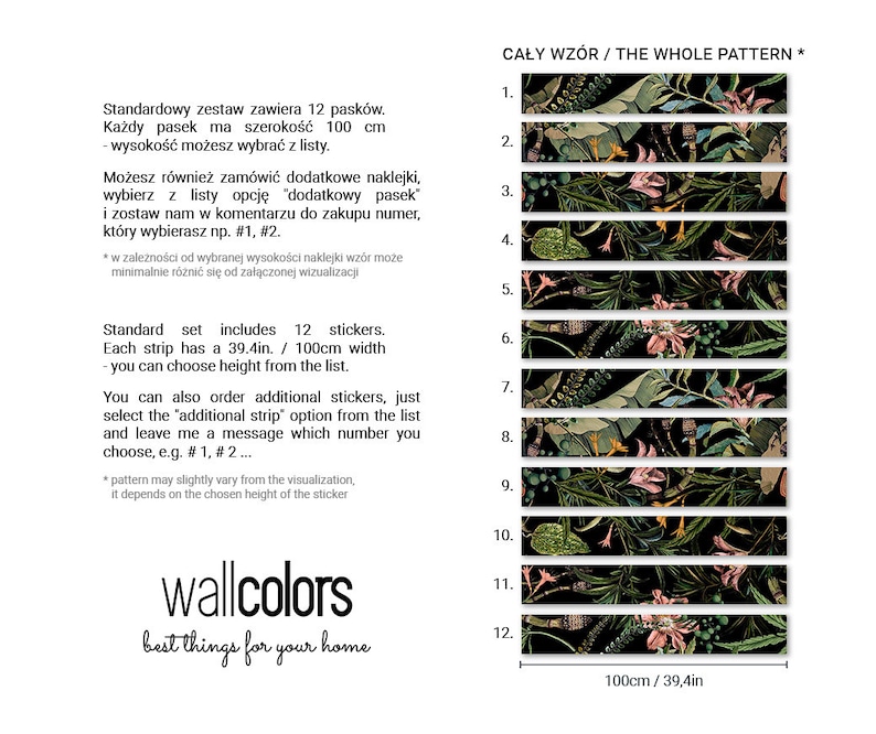 May include: A black and green floral wallpaper pattern with pink flowers and leaves. The pattern is divided into 12 strips, each measuring 39.4 inches by 100 centimeters. The text "CAŁY WZ&Oacute;R / THE WHOLE PATTERN *" is at the top of the image.