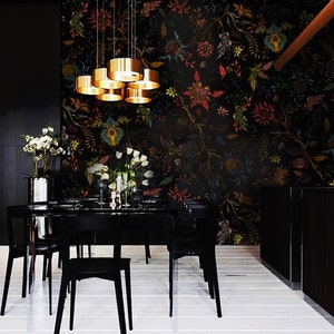 carta da parati, fiori scuri, decorazione da parete nera, motivo floreale, decorazione da stanza vintage, rimovibile o in vinile // #V32