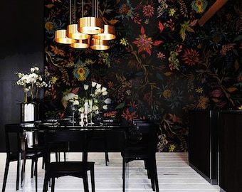 wallpaper, dark flowers, black wall decor, floral pattern, vintage room decor, removable or vinyl || #V32